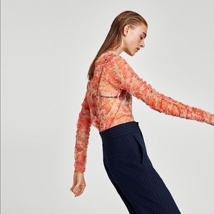 Zara Sheer Mesh Floral Print Blouse Top